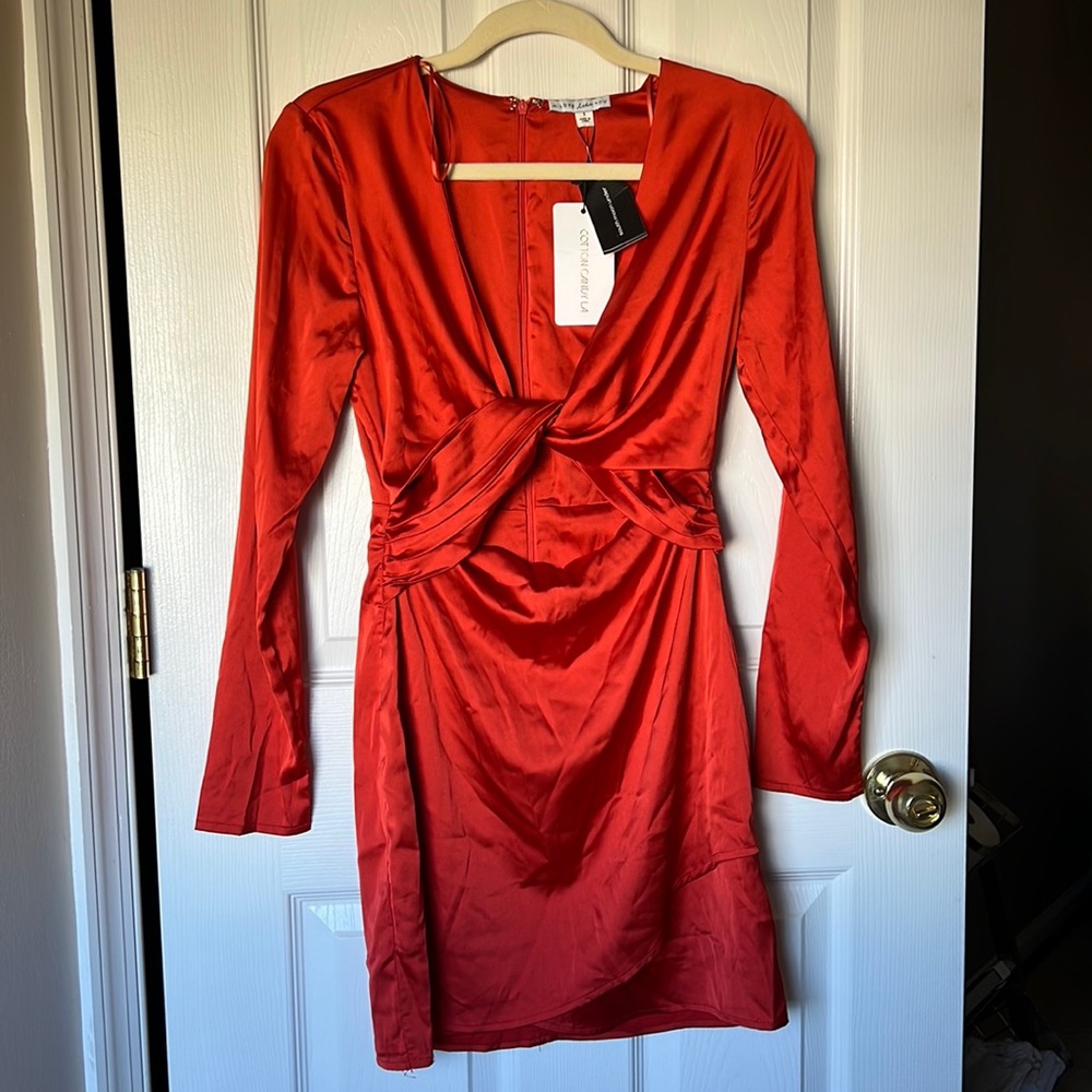 Orange Satin Twist Front Dress